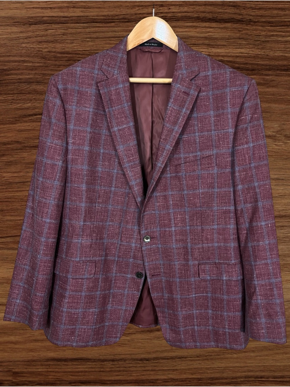 Lauren Ralph Lauren Burgundy & Blue Windowpane Wool/Linen Blend Blazer Size 48R
